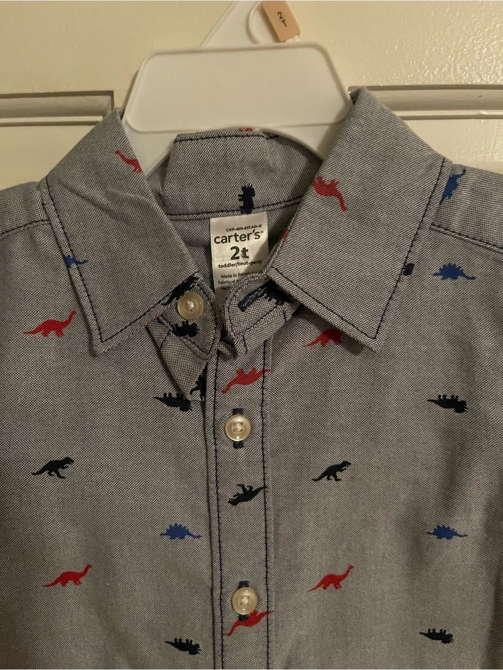 Carter's Gray Button-Down Shirt with Red, Blue & Black Dino Print